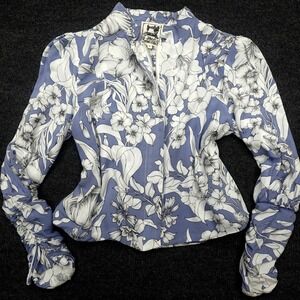 JAASE Cropped Bomber Moto Jacket Feminine Botanical Zipper Sleeve Women M Blue